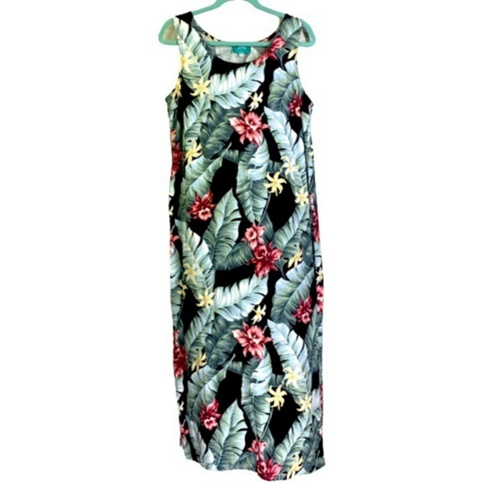 KONA MALIA Black Palm Leaves Floral Print Sleeveless‎ Midi Dress